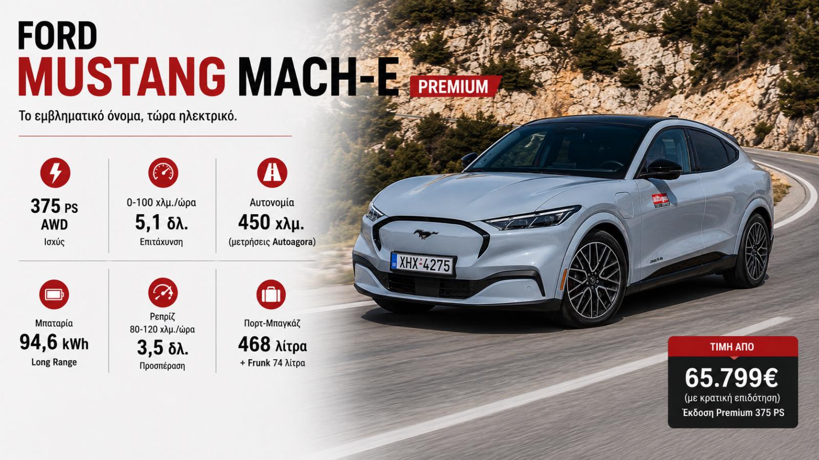 Ford Mustang Mach-E: Premium, με σπορ επιδόσεις και αυτονομία πάνω από 400 χλμ. Ford Mustang Mach-E: Premium, με σπορ επιδόσεις και αυτονομία πάνω από 400 χλμ.
